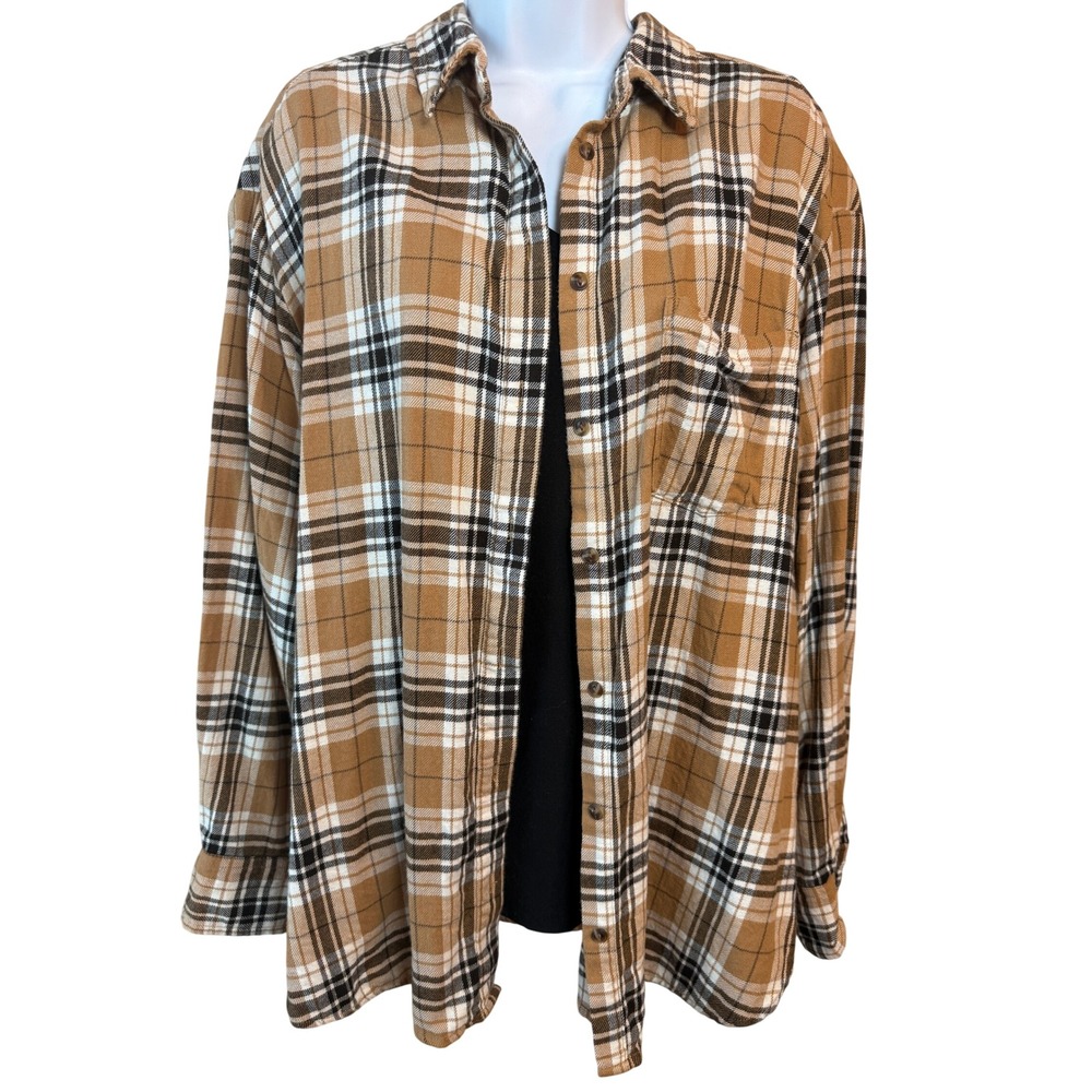 Gap Plaid Flannel Button Down Shirt Cotton Camel Brown Black Large